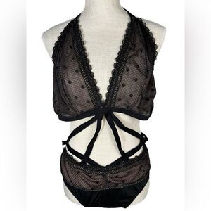 Lane Bryant Cacique Black Pink Lace Strappy Waist Open Back Lingerie Bodysuit
